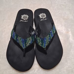Yellow Box Black and Blue Sandals with Beaded Straps